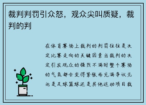 裁判判罚引众怒，观众尖叫质疑，裁判的判