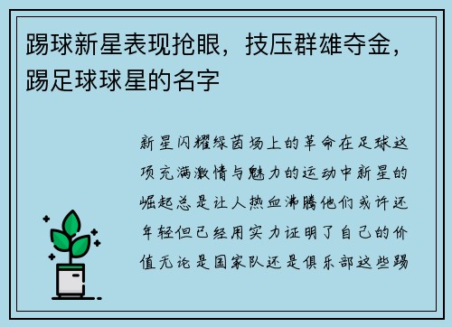 踢球新星表现抢眼，技压群雄夺金，踢足球球星的名字