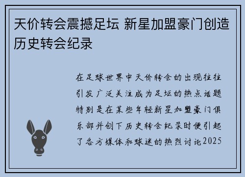 天价转会震撼足坛 新星加盟豪门创造历史转会纪录